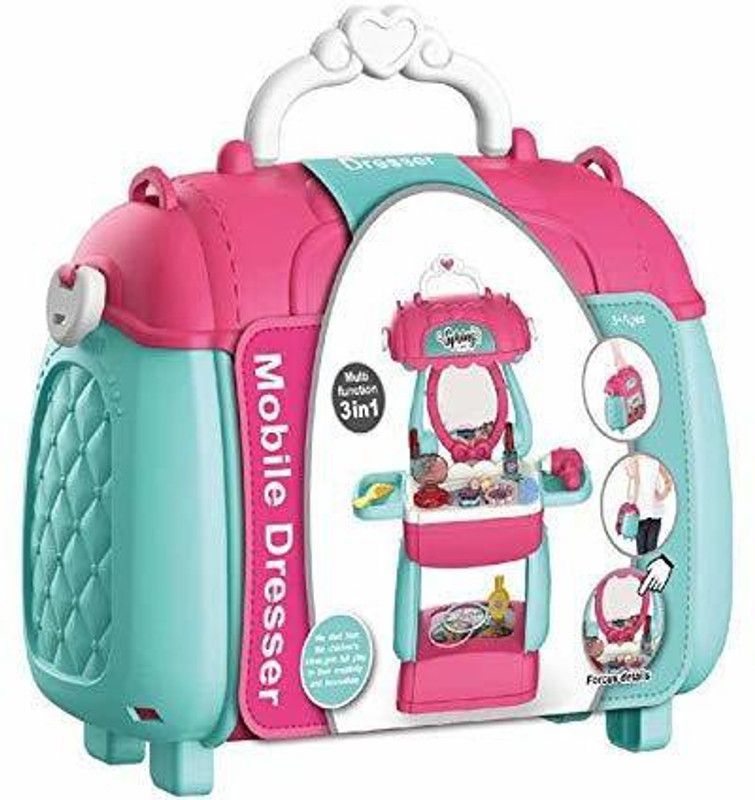 LDB ENTERPRISE 3 in 1 Mobile Dresser Bag Toy Set Beauty Dresser Set with Suitcase Design Bag | Cosmetic and Makeup Kit Toy with Accessories | Hair Styling Set for Kids | Girls | Multicolor | (BEAUTY MOBILE DRESSER)