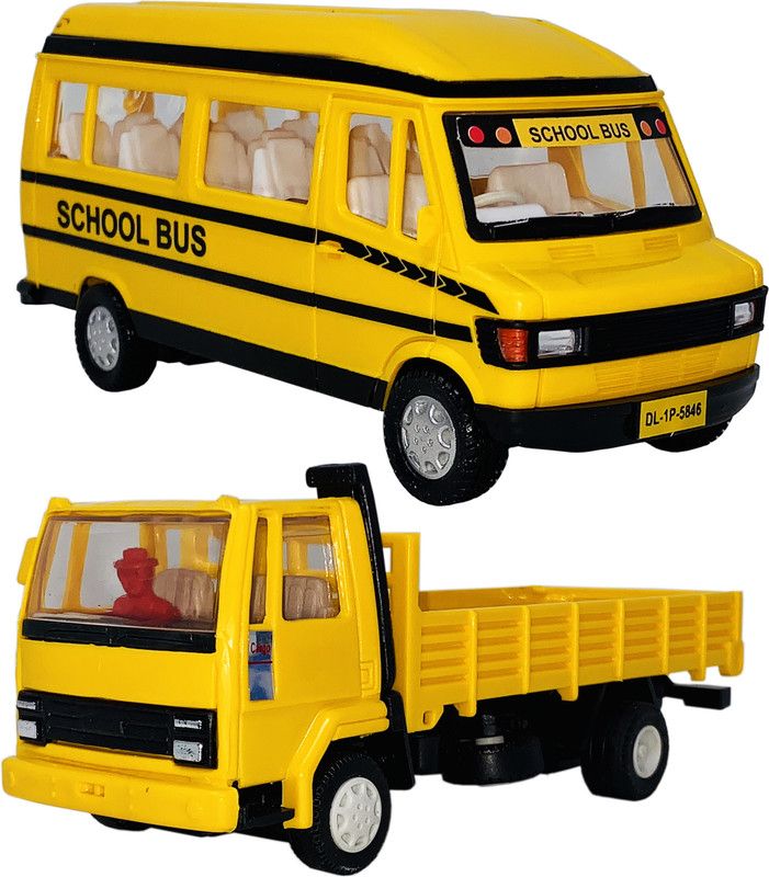 Giftary Pack Of 2 Small Size Made From Plastic Indian Miniature Tempo School Bus Toy + Goods Transport Truck Toys For Boys| Children Playing Toys| Made In India[2 Combo Offer]  (Yellow, Yellow, Pack of: 2)