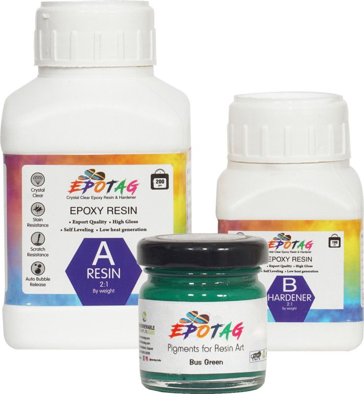 Epotag Epoxy Resin and Hardener Kit Crystal Clear for Jewelry DIY Art Crafts Cast Coating Wood,Easy Cast Resin (300 Gms) With Art Resin Pigment - Bus Green- 50g