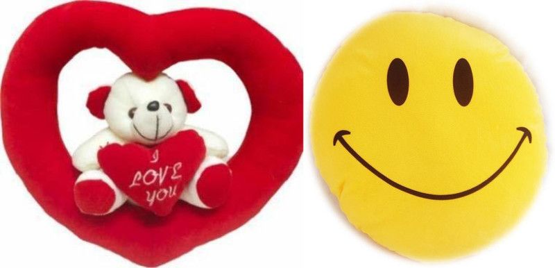 Agnolia Gift Basket Happy Smiley cushion with Hanging Red heart Teddy for valentine/anniversary/birthday/girl/boy Soft toy 19 cm - 19 cm  (Multicolor)