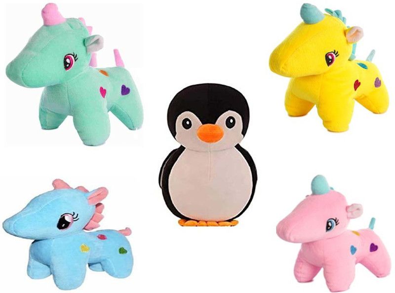 DESTINO VERY CLASSIC AND STYLES COMBO 5 PENGUIN BLACK UNICORN ( YELLOW PINK BLUE GREEN ) SOFT TOYS GIRLS AND BOYS BIRTHDAY GIFT - 24 cm  (Green, Blue, Black, Pink, Yellow)