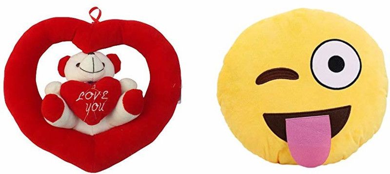 Agnolia Gift Basket Naughty Smiley cushion with Hanging Red heart Teddy for valentine/anniversary/birthday/girl/boy Soft toy 25 cm - 25 cm  (Multicolor)