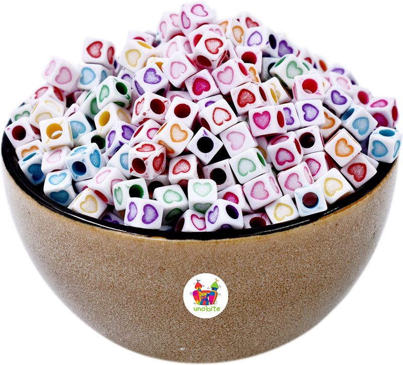 Unobite 200 Piece Plastic Heart Design Beads 6mm Size with Colorful Letters for Jewellery Making, DIY Bracelets, Necklace, Key Chains and Kids Jewellery(White Color, Square Shape)