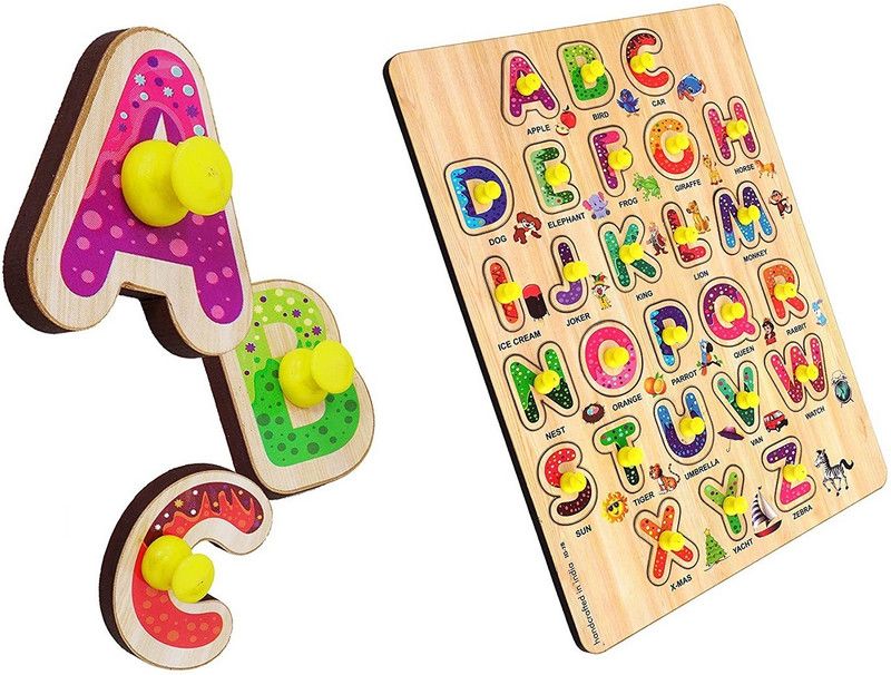 Vedy Capital Letters ABCD English Alphabets Wooden Puzzle Board for Kids with Knobs  (Multicolor)