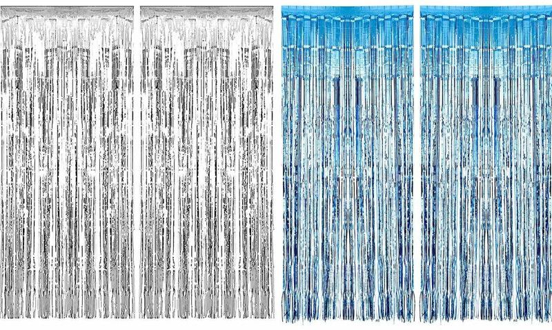 Urvi Creations 4 Pcs Blue and Silver Colour 3ft x 6ft Tinsel Metallic Foil Fringe Curtains Party Stage Backdrop Simmer Curtain Year Party Birthday