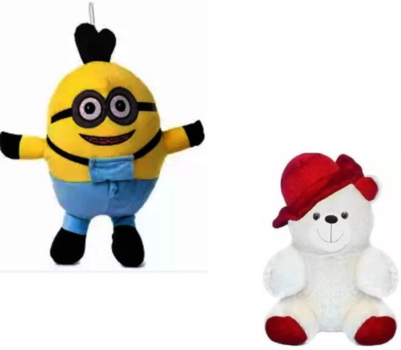 KPN Combo pack of Minion and White in red cap teddy - 30 cm  (Multicolor)