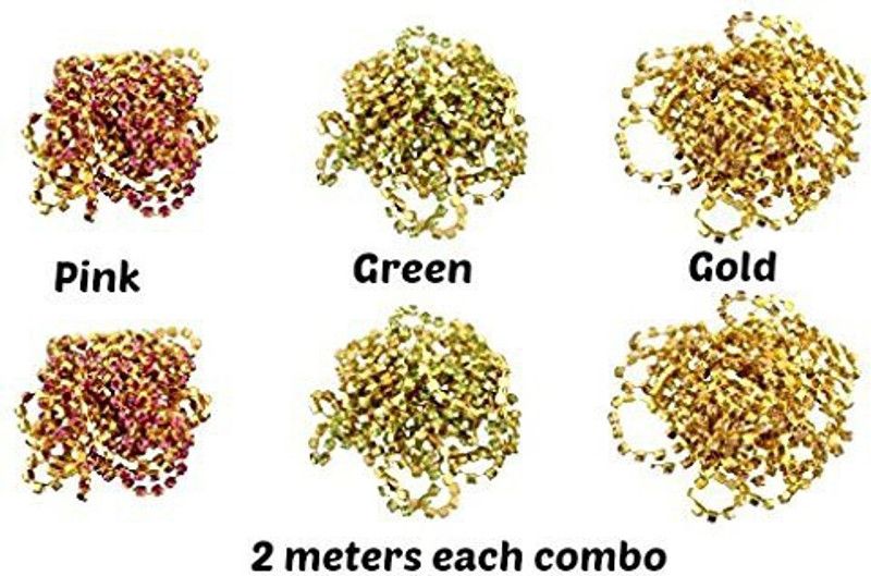 CRAFTLOVE Stone Chain3 Color Pink,Green,Golden Combo Pack- Each 2 Meters - Pack of 6 Mtrs