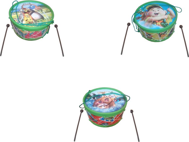 ToyVTX Pack of 3 Drums 21 Cm Diameter with DrumSticks for Small Kids StyCOD18  (Multicolor)