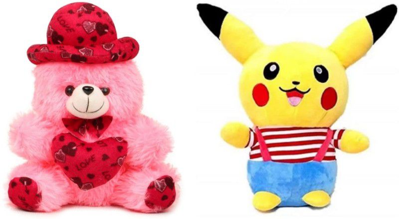 AVGTOYS Cute & Attractive Stuffed Toy, Blue Dress Pikachu|Pink Cap Teddy (Multicolor) - 35 cm  (Multicolor)