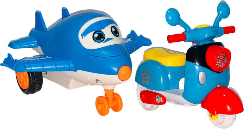 Wishmaster Pack Of 2 Small Size Transform Robot Push & Go Toy Plane + Scooter For Kids  (Blue, Blue, Pack of: 2)