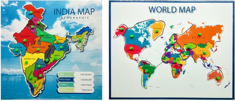 Khilonewale Wooden Puzzles Toddlers Combo of Wooden World Map & India Map Puzzles with Knobs, Educational Puzzle,Learning Aid for Boys and Girls,Kids, Students ,Size 38*30/30*30 cm  (2 Pieces)