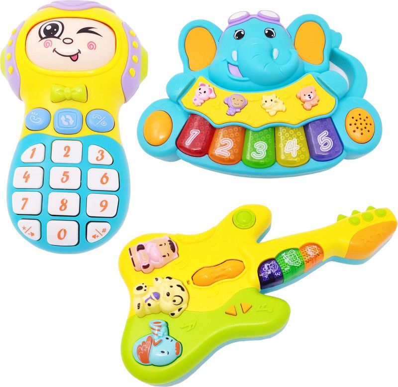 Kiddale 3-in-1 musical instrument toy with colorful elephant piano keyboard with speaker and animal keys, guitar and funny interactive mobile phone - Multicolor  (Multicolor)