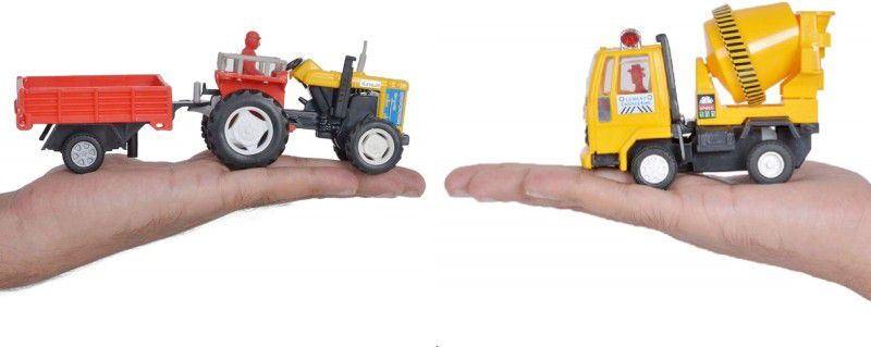 SABIRAT Tractor Trolley With Concrete Mixer, Pull Back Action Toy  (Multicolor, Pack of: 2)