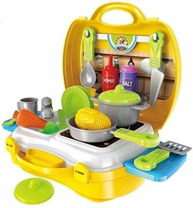 RVM Toys Kitchen Pretend Play Toys Set 26 Pcs Realistic Miniature Cooking Set with Suitcase Carry Case Briefcase Playset for Girls