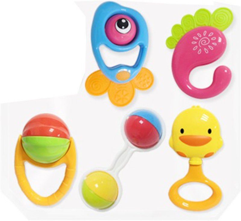 NEPEE Pack of 5 Rattle and teether Set for New Born Babies, 5 Rattle Non-Toxic Rattle for 3+ Month Baby Rattle  (Multicolor)