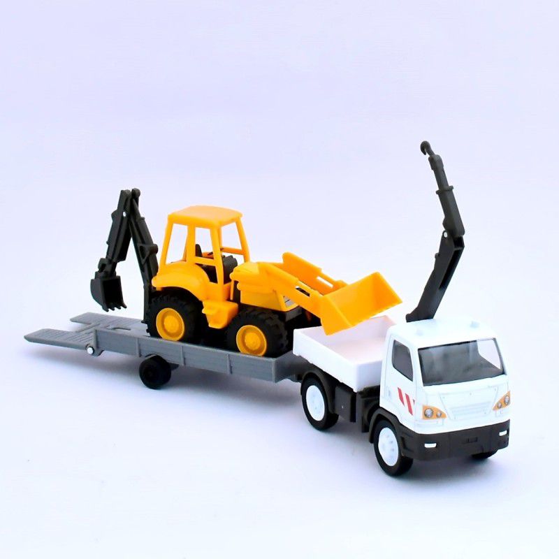 NEW RAY Die Cast, 1:43 Scale Truck with Mounted Crane with Trailer + 1:48 Scale Backhoe Loader  (White, Yellow, Pack of: 1)