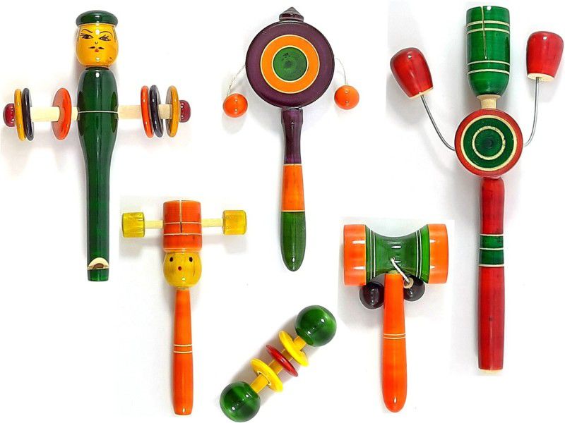 MEOW Creations Wooden Man, Head, Dumble, Plate, Damru, and Tublar (Set of 6) Rattle  (Multicolor)