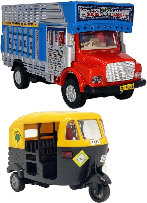 Gift Box Set Of 2 Small Size Made Of Plastic Indian Automobile Model Rickshaw Toy + Goods Carrier Truck Toys For Boys| Children Playing Toys| Very Small Size  (Black, Red, Pack of: 2)