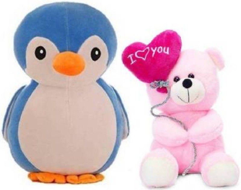 BestLook VERY CUTE BLUE PENGUIN SOFT WITH PINK I LOVE YOU BALLOON TEDDY BEAR TOY GIFT SET - 30 cm  (Pink & Blue)