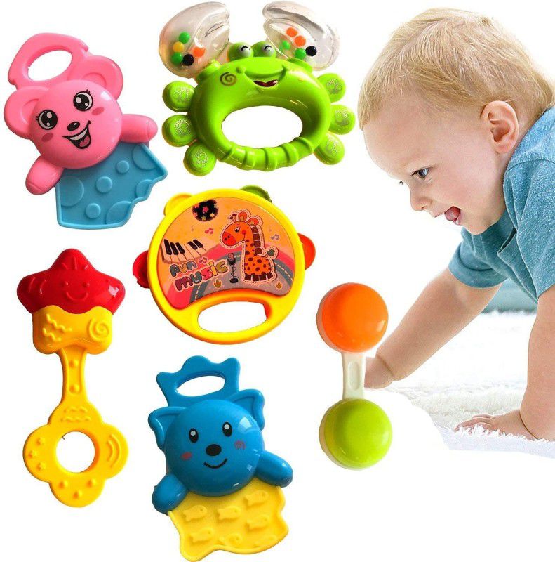 ESSJEY TOY Rattles and Teether for Babies, Set of 6 Pcs - Colorful Lovely Attractive  (Multicolor)