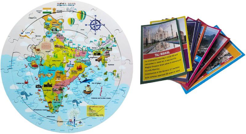 Ashmi India Map Jigsaw Puzzle 38 Pcs with Inside 7 Wonders of the World Flash Card  (38 Pieces)