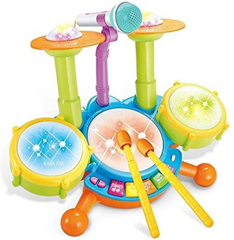 tommy toy Drum Set,Electric Musical Toys 2 Drum Light & Adjustable Microphone multi Color  (Multicolor)