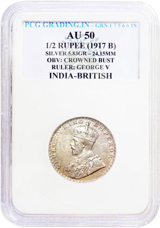 Prideindia 1/2 Rupee (1917 B) Ruler: George V British India PCG Graded Old and Rare Coin Modern Coin Collection  (1 Coins)