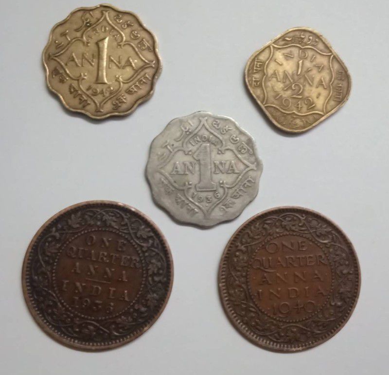 TANTIQUE King George V and King George VI Annas Coin Set.Total 5 coins in the set. Medieval, Modern Coin Collection  (5 Coins)