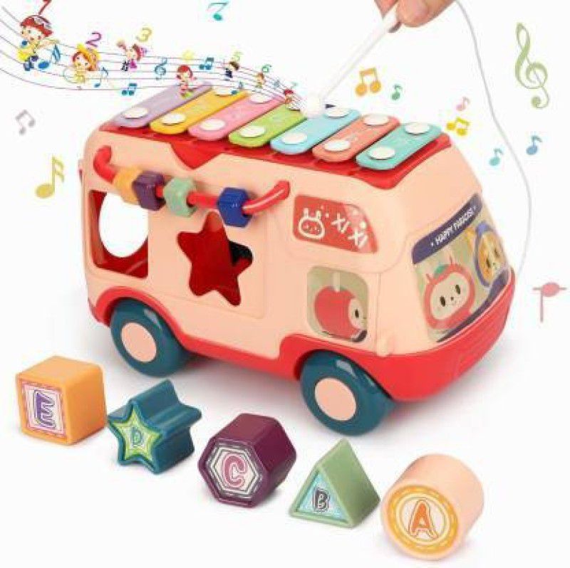 Ghoniya enterprise Hai Hai Xylophone Bus Blocks and Piano Music Lights Musical Drum Pull Along Fun & Learn Works Real Collection of Toddler for Kids (Multi Color) (Multicolor)  (Multicolor)