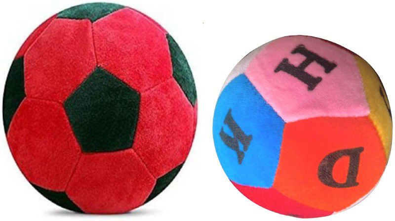 P I SOFT TOYS STUFFED SOFT LARGE SIZE FOOTBALL &MEDIUM SIZE RATTLE BALL COMBO FOR KIDS - 35 cm  (RED & BLACK, Multicolor)