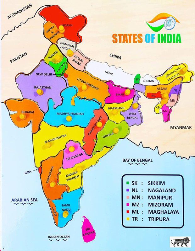 Khilonewale India map with states and Capital wooden puzzle with Knobs  (Multicolor)