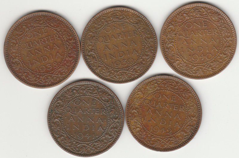 Sansuka British INDIA George VI Quarter Anna 1938 -39-40 -41-1942 AD 5 coins set Modern Coin Collection  (5 Coins)