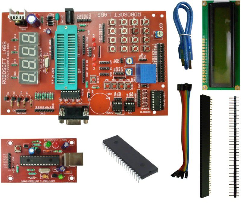 Robosoft Labs PIC 40PIN Board with 16F877A, 232 , RTC , 24C32, 2003 IC , LCD & PROGRAMMER Micro Controller Board Electronic Hobby Kit
