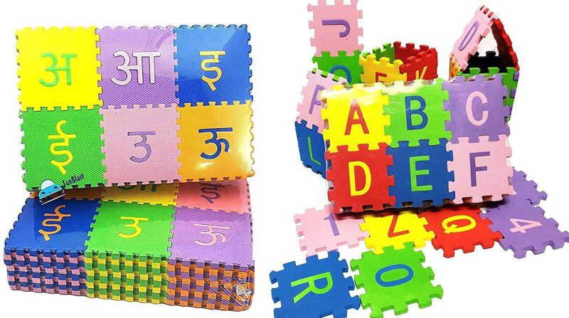 TechBlaze Combo of Hindi & English Alphabets & 0-10 Counting Puzzle Foam Mat for Kids Mini Interlocking Learning Alphabets Jigsaw Puzzles Floor EVA Floor Mat & Best Educational Gift Toys – Multicolor  (84 Pieces)
