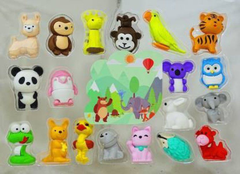 Ghoniya enterprise Animal Shaped Custom Rubber Fancy Cute 3D pencil eraser For Gift ( pack of 19 erasers ) Non-Toxic Eraser (Set of 19, Multicolor)  (Multicolor)