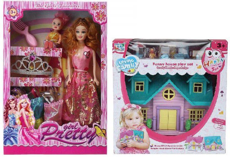 poksi COMBO OF DOLL HOSE AND BABRI PRETTY DOLL WITH CUTE BABY DOLL(1 DOLL HOUSE AND 1 DOLL SET)  (Multicolor)