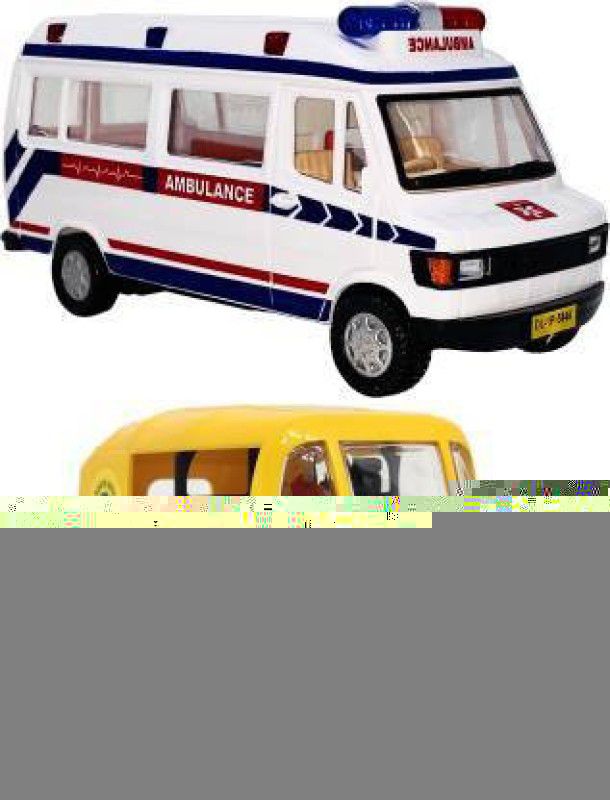 SRD TRADERS Pack of 2 Pull Back Action Miniature Models Ambulance and Auto Rickshaw Toys for Kids [COMBO OFFRER] [Set of 2] [ NON-TOXIC MATERIAL ]  (Black, Red, Silver, White, Golden, Yellow, Pack of: 2)