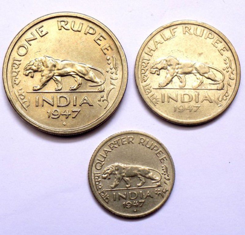 Hariom 1947 - 3 COINS SET # 1 RUPEE, HALF RUPEE & QUARTER RUPEE - NICKEL COINS FULL SET Ancient Coin Collection  (3 Coins)