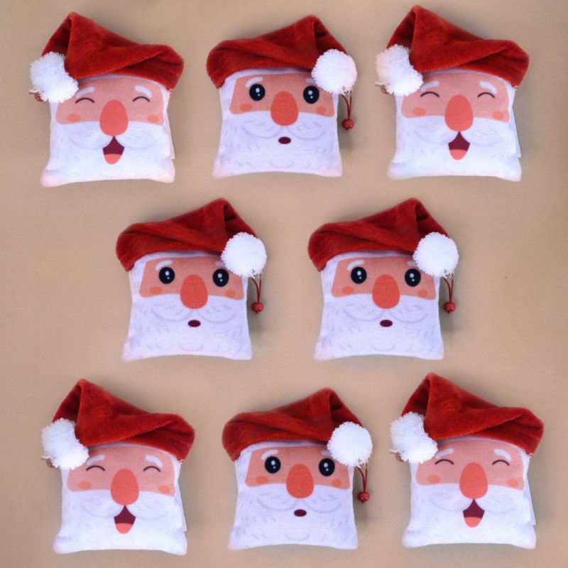 Indigifts Christmas Gift Box Santa Printed Reversible Santa Soft Toy Set of 8 - 3.5 inch  (White, Red)