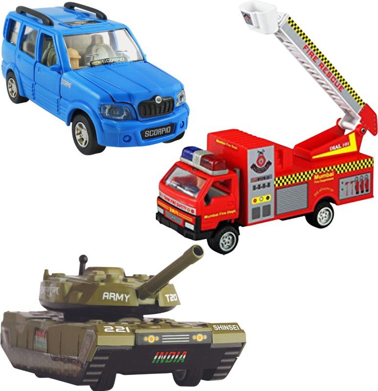 DEALbindaas Combo of 3 Pull Back Toy Fire Brigade+Scorpio+Battle Tank Door Opening Model Toy  (Multicolor, Pack of: 3)