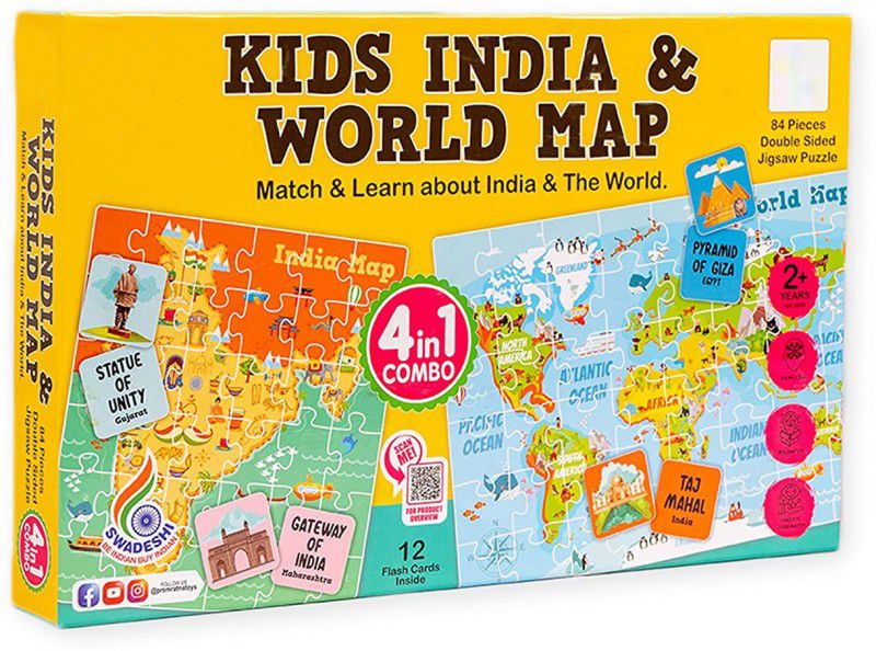 yes toys Kids India & World Map Jigsaw 4 in 1 with 12 Flash Cards 84 Pieces Double Sided Jigsaw Puzzle Educational Toy for Kids 3+ Years  (20 Pieces)