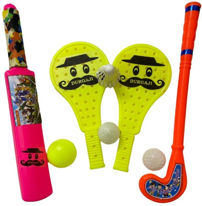 DURGA JI PLASTIC BAT BALL , HOCKEY & RACKET FOR KIDS SUPER COMBO - MULTICOLOUR (AGE 2+) Hockey
