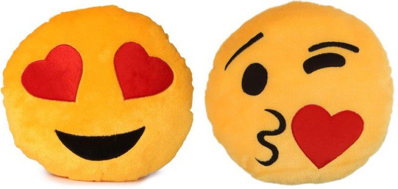 Deals India Deals India Yellow Heart Eyes Smiley and Face throwing a kiss Smiley Cushion - 35 cm(smiley1&F)(Set of 2) - 35 cm  (Multicolor)