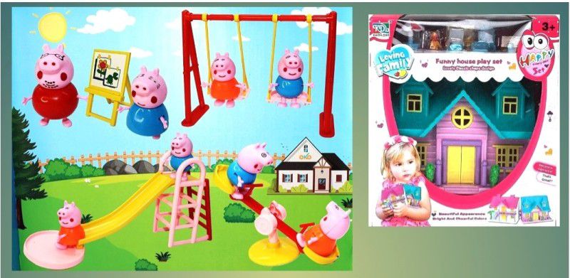 KAWASONY BEST QUALITY 4 PEPPA with SWING,SEE SAW ,SLIDE SET WITH DOLL HOUSE  (Multicolor)