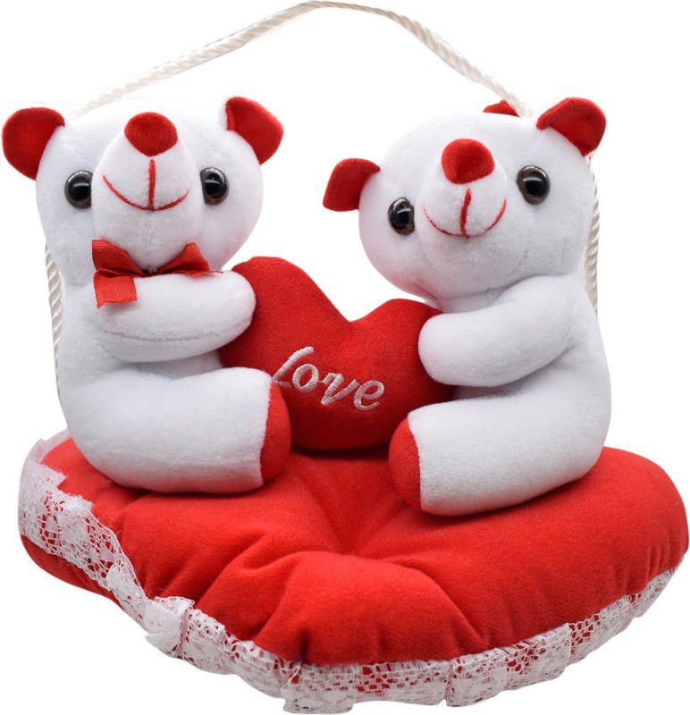 ULTRA Cute Soft Toy Teddy Bear Couple Holding Red Heart on Red Cushion Valentine Special Gift - 8 inch  (White)