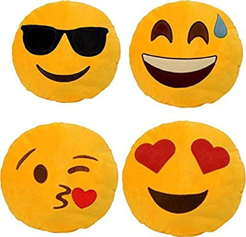 Pandora Premium Quality Cool Dude, Happy, Flying Kiss and Heart Eyes Soft Smiley Cushion - 35 Cm Set Of 4 - 35 cm  (Yellow)