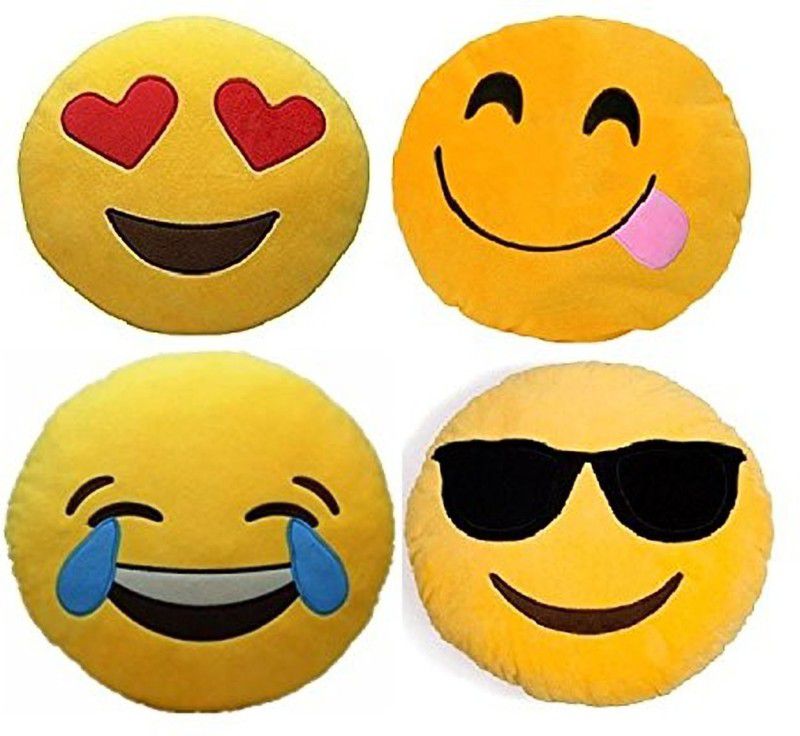 Pandora Premium Quality Heart Eyes, Hungry, Laughing Tears and Cool Dude Soft Smiley Cushion - 35 Cm Set Of 4 - 35 cm  (Yellow)