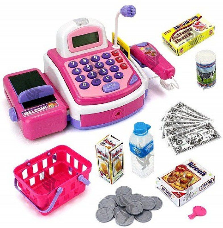 Shivdra traders Cash Register for Kids with Checkout Scanner, and Food Shopping Play Money and Food Shopping Play Set