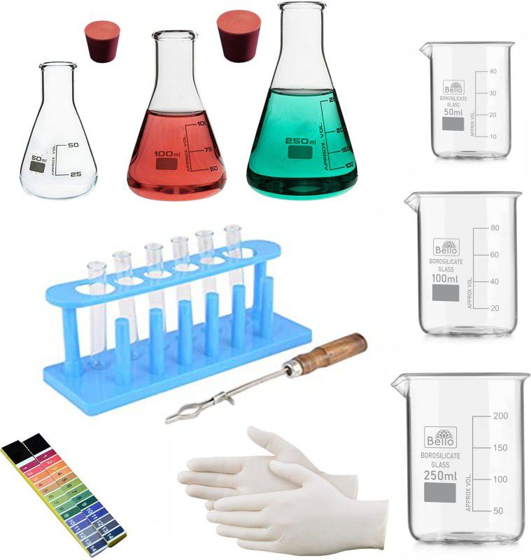 Bello Laboratory Kit - 3 Beakers & 3 Conical Flask, Test tubes (6 pcs) with 1 Plastic Test Tube Stand and 1 Test Tube Holder, 2 Rubber Cork, 2 Packs of PH Papers, 1-Set of Gloves Combo of 19 Products  (White)