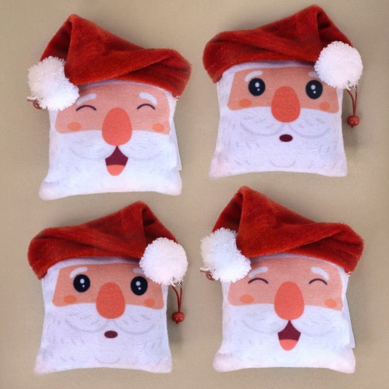 Indigifts Christmas Gift Box For Fun Santa Printed Reversible Santa Soft Toy Set of 4 - 3.5 inch  (White, Red)